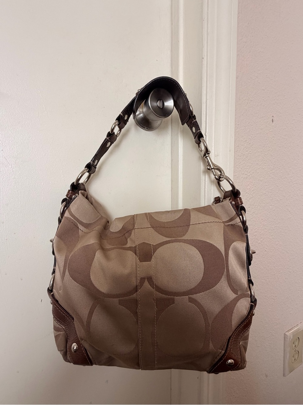 Coach Brown Signature Canvas Hobo with Chain-Link Strap